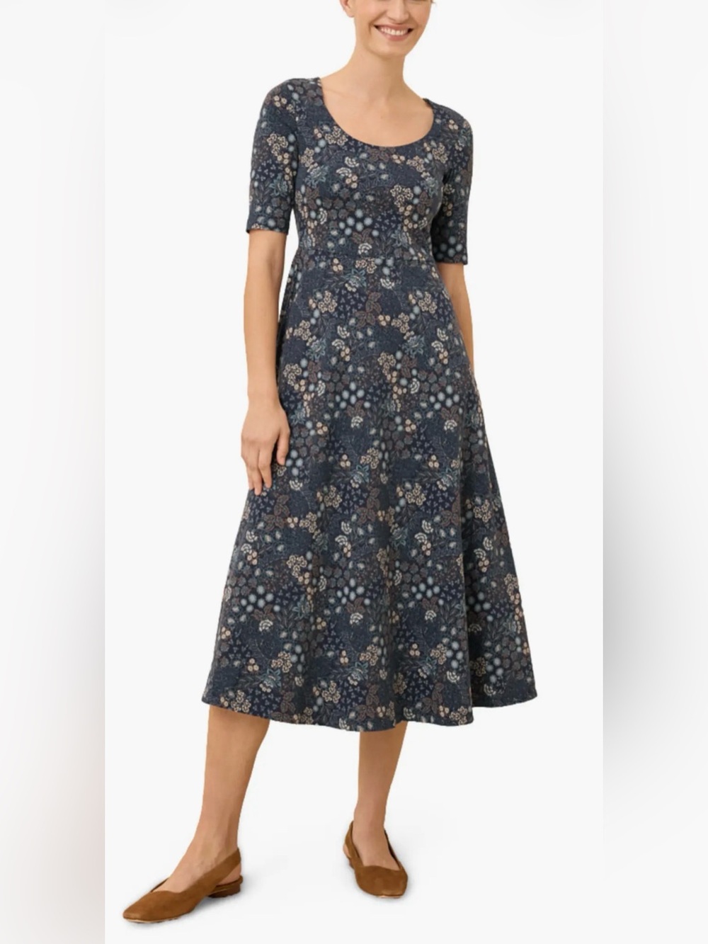 Pact Women’s M Fit & Flare Signature Scoop Dress Mountain Meadow Midnight Blue